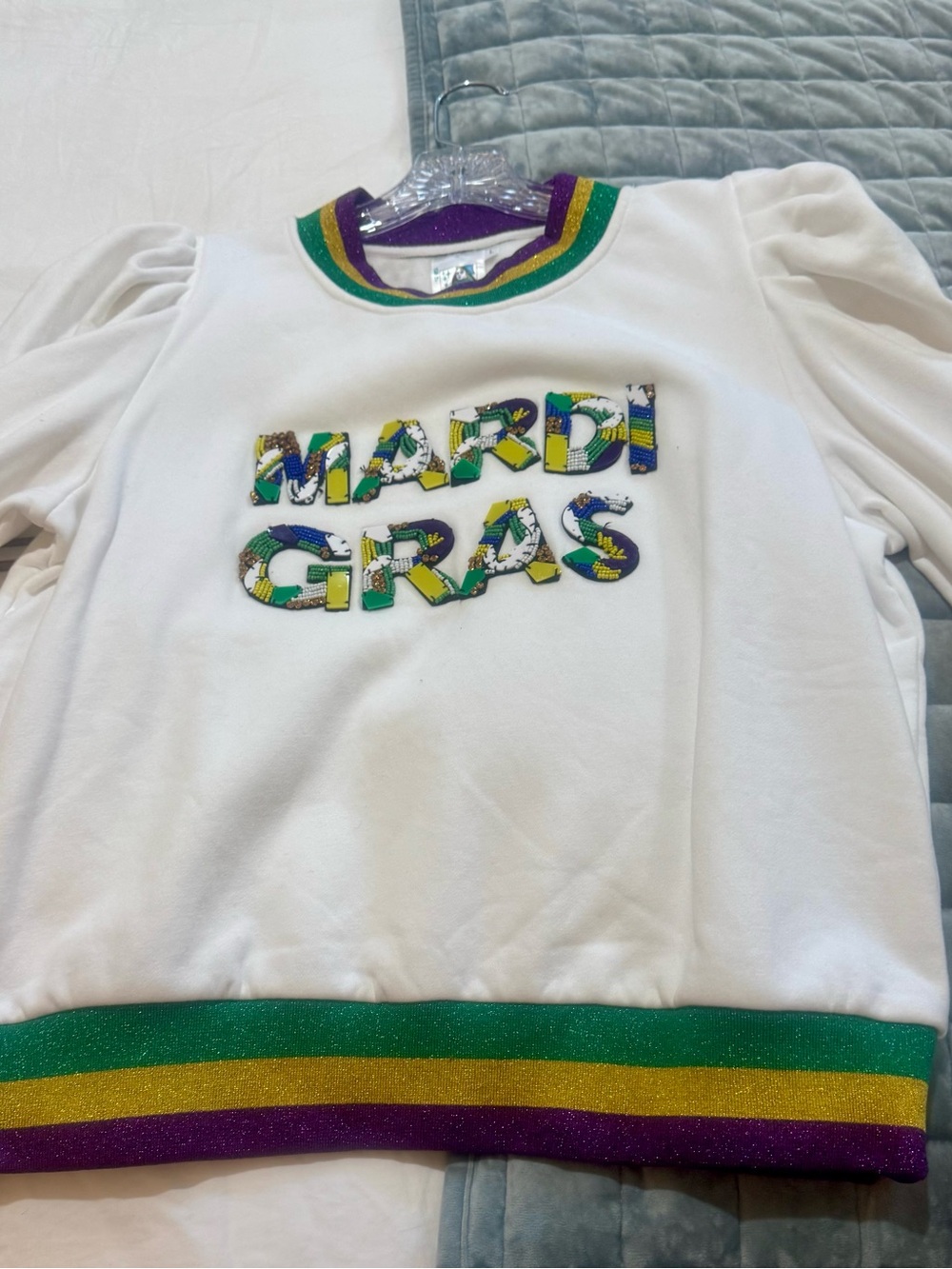 QUEEN OF SPARKLES White Mardi Gras Sweatshirt with Green, Gold & Purple Trim